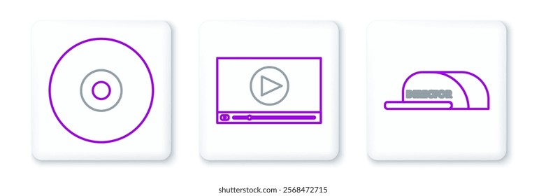 Set line Cap with inscription director, CD DVD disk and Online play video icon. Vector