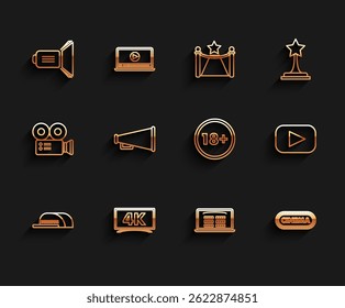 Set line Cap with inscription director, Movie spotlight, Buy cinema ticket online, Cinema poster design template, Megaphone, Play and Under 18 years icon. Vector