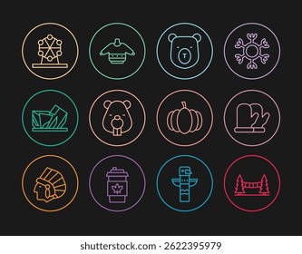 Set line Capilano Suspension Bridge, Christmas mitten, Bear head, Beaver animal, Royal Ontario museum, Ferris wheel, Pumpkin and sweater icon. Vector