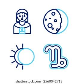 Set line Capricorn zodiac, Eclipse of the sun,  and Astrology woman icon. Vector