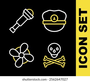 Set line Captain hat, Skull on crossbones, Boat propeller and Spyglass telescope lens icon. Vector