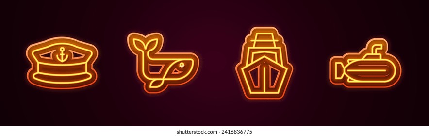 Set line Captain hat, Whale, Yacht sailboat and Submarine. Glowing neon icon. Vector