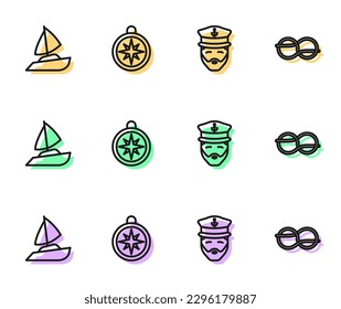 Set line Captain of ship, Yacht sailboat, Compass and Nautical rope knots icon. Vector