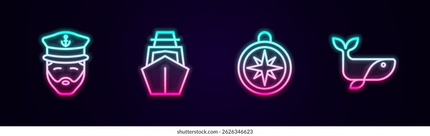 Set line Captain of ship, Yacht sailboat, Compass and Whale. Glowing neon icon. Vector