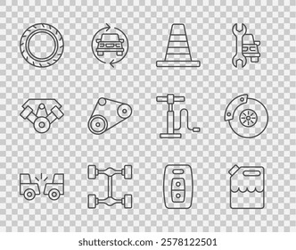 Set line Car accident, Canister for gasoline, Traffic cone, Chassis car, tire wheel, Timing belt kit, key with remote and brake disk caliper icon. Vector