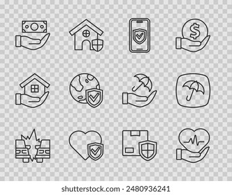 Set line Car accident, Life insurance, Insurance online, with shield, Money, Shield world globe, Delivery security and Umbrella icon. Vector