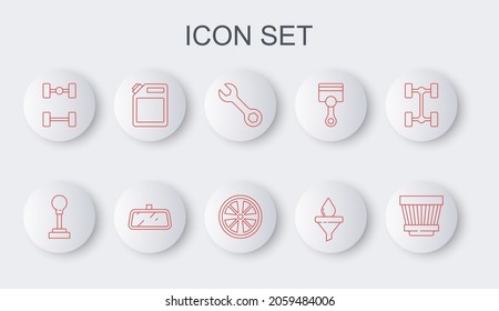 Set line Car air filter, Gear shifter, Wrench spanner, Funnel and oil drop, Chassis car, Canister for gasoline, mirror and Alloy wheel icon. Vector