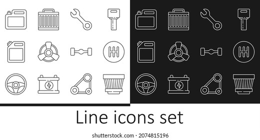 Set line Car air filter, Gear shifter, Wrench spanner, motor ventilator, Canister for gasoline, oil, Chassis car and radiator cooling system icon. Vector
