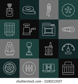 Fijar línea Filtro de aire del coche, Velocímetro, Kit de correa de tiempo, silenciador, bomba, llave con mando a distancia y cartucho para el icono de aceite del motor. Vector