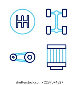 Fijar la línea Filtro de aire del coche, Kit de correa de tiempo, Icono del vehículo del chasis y del selector de velocidades. Vector