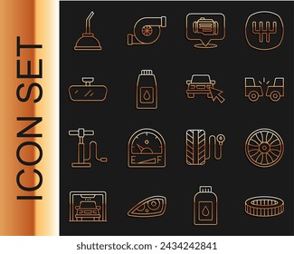 Set line Car air filter, Alloy wheel for car, accident, Check engine, Canister motor machine oil, mirror,  and Online sharing icon. Vector