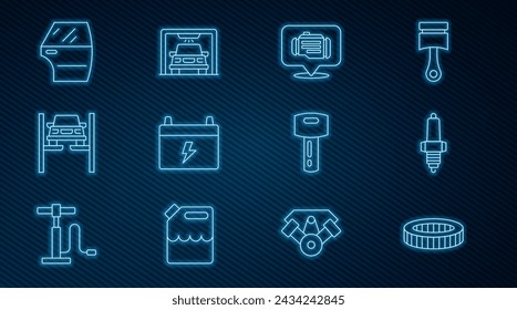 Set line Car air filter, spark plug, Check engine, battery, Repair car on lift, door, key with remote and wash icon. Vector