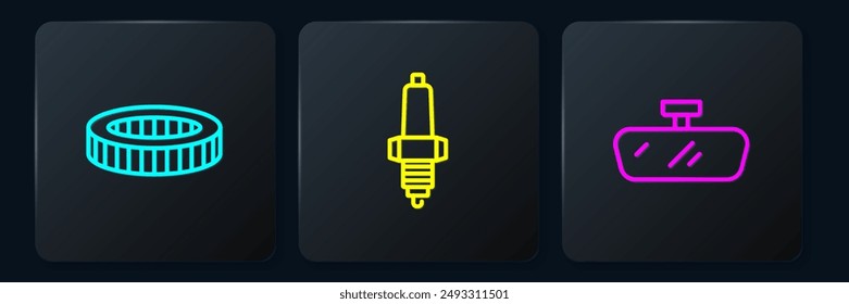 Set line Car air filter, mirror and spark plug. Black square button. Vector