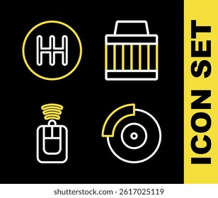 Set line Car air filter, brake disk with caliper, key remote and Gear shifter icon. Vector