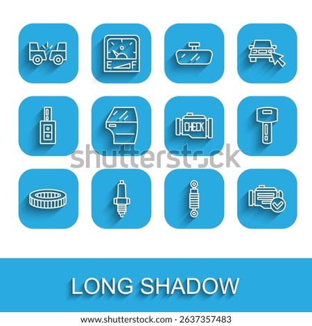 Set line Car air filter, spark plug, accident, Shock absorber, Check engine, door, key with remote and  icon. Vector