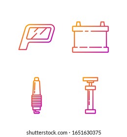 Set line Car air pump, Car spark plug, Car mirror and Car battery. Gradient color icons. Vector
