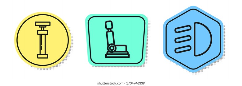 Set line Car air pump, Car seat and High beam. Colored shapes. Vector