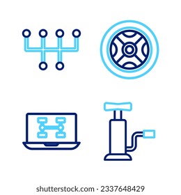 Set line Car air pump, Diagnostics condition of car, wheel and Gear shifter icon. Vector