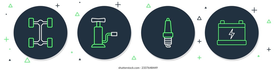 Set line Car air pump, spark plug, Chassis car and battery icon. Vector
