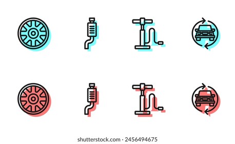 Set line Car air pump, Alloy wheel for car, muffler and service icon. Vector