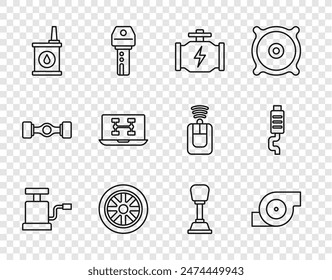 Set line Car air pump, Automotive turbocharger, Check engine, wheel, Canister for motor oil, Diagnostics condition of car, Gear shifter and muffler icon. Vector