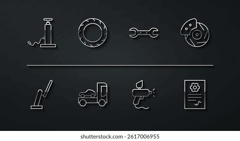 Set line Car air pump, Windscreen wiper, brake disk with caliper, Paint spray gun, transporter truck, tire wheel, Auto service check automotive and Wrench spanner icon. Vector
