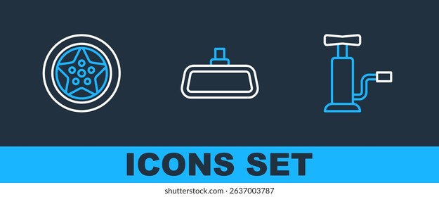 Set line Car air pump, wheel and mirror icon. Vector