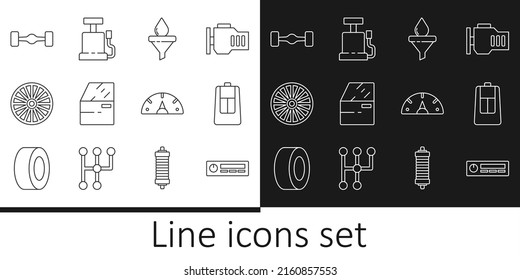 Set line Car Audio, key with remote, Funnel and oil drop, door, Alloy wheel, Chassis car, Speedometer and air pump icon. Vector