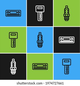 Set line Car Audio, spark plug and key with remote icon. Vector
