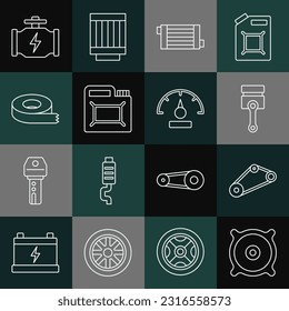 Set-Line-Autosprecher, Timing-Gurt-Kit, Triebwerkskolben, Kühler-Kühlsystem, Motorölkanister, Schottenband, Motor- und Geschwindigkeitsmesser-Icon. Vektorgrafik