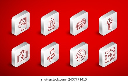 Ajuste la línea Altavoz de audio del coche, asiento, faro, llave con mando a distancia, pinza de freno, puerta, pistola de aerosol de pintura y Compruebe el icono del motor. Vector