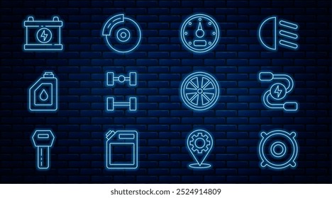 Set Line Car Audio Lautsprecher, Batterie Jumper Netzkabel, Geschwindigkeitsmesser, Chassis Auto, Kanister für Motoröl, Legierung Rad und Bremsscheibe mit Sattelsymbol. Vektorgrafik