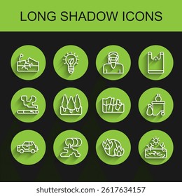 Set line Car, Barrel oil leak, Earthquake, Global warming fire, Drought, Forest, Full dustbin and Glacier melting icon. Vector