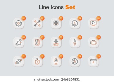 Set line Car battery, Alloy wheel for car, Racing helmet, Automotive turbocharger, Check engine, spark plug and tire icon. Vector