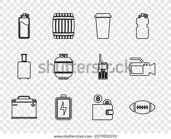 Set line Car battery, American\
Football ball, Coffee cup, Battery, Sport bottle with water,\
Propane gas tank, Wallet coin and Cinema camera icon.\
Vector