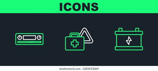 Set line Car battery, Audio and First aid kit and warning triangle icon. Vector