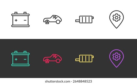 Set line Car battery, Broken car, muffler and Location with service on black and white. Vector