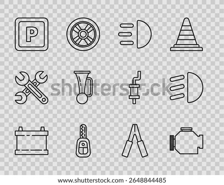 Set line Car battery, Check engine, High beam, key with remote, Parking, Signal horn on vehicle, jumper power cable and  icon. Vector