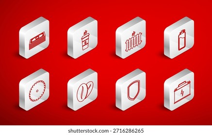 Set line Batería de coche, taza de café, radiador de calefacción, botella de deporte con agua, escudo, pilas de papel moneda, frijoles e icono de hoja de sierra circular. Vector