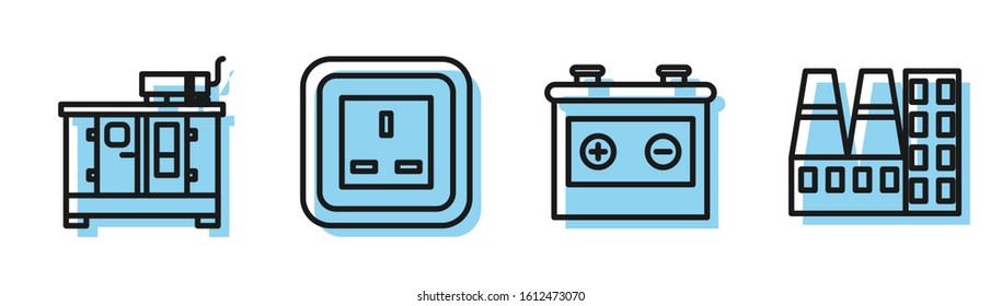 Set line Car battery, Diesel power generator, Electrical outlet and Power station plant and factory icon. Vector