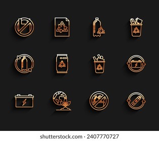 Set line Car battery, Earth globe and plant, Say no to plastic bags poster, No trash, Battery with recycle symbol line, Can can,  and Recycle bin icon. Vector