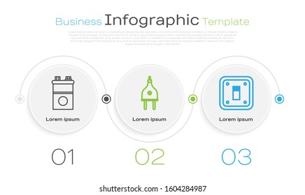 Set line Car battery, Electric plug and Electric light switch. Business infographic template. Vector