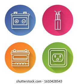 Set line Car battery, Electric cable, Car battery and Electrical outlet in the USA. Color circle button. Vector