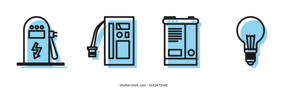 Set line Car battery, Electric car charging station, Battery and Light bulb with concept of idea icon. Vector