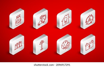 Set line Car battery, Electric car, Smart house and light bulb, Wind turbine, Earth globe leaf, Propane gas tank, tower and Hydroelectric dam icon. Vector