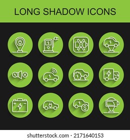 Set line Car battery, Electric car, Charging parking electric, price, Battery charge, Smart system, truck and service icon. Vector