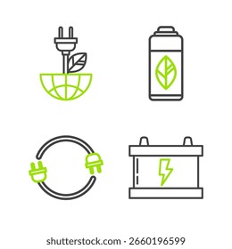Fije la línea Batería del coche, enchufe eléctrico, botella plástica del reciclaje y icono de la hoja del ahorro. Vector
