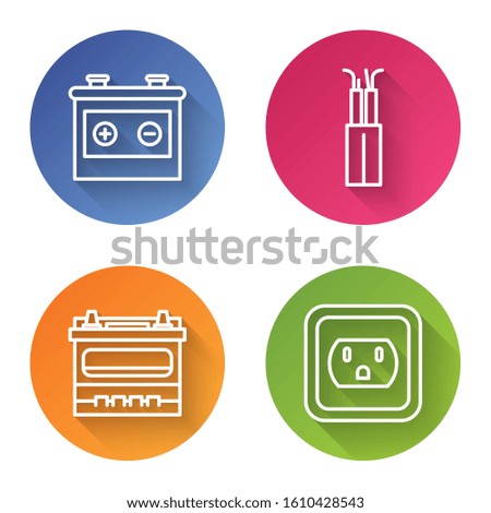 Set line Car battery, Electric cable, Car battery and Electrical outlet in the USA. Color circle button. Vector