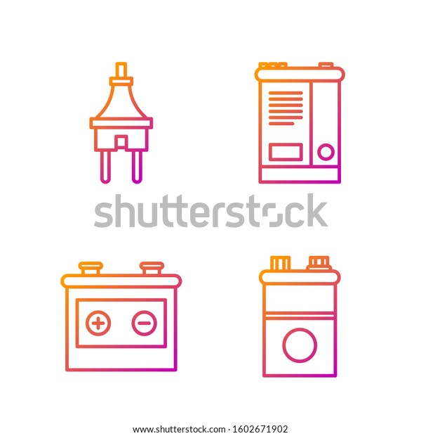 Set line Car battery, Car\
battery, Electric plug and Car battery. Gradient color icons.\
Vector
