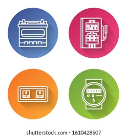 Set line Car battery, Electrical panel, Electrical outlet and Electric meter. Color circle button. Vector